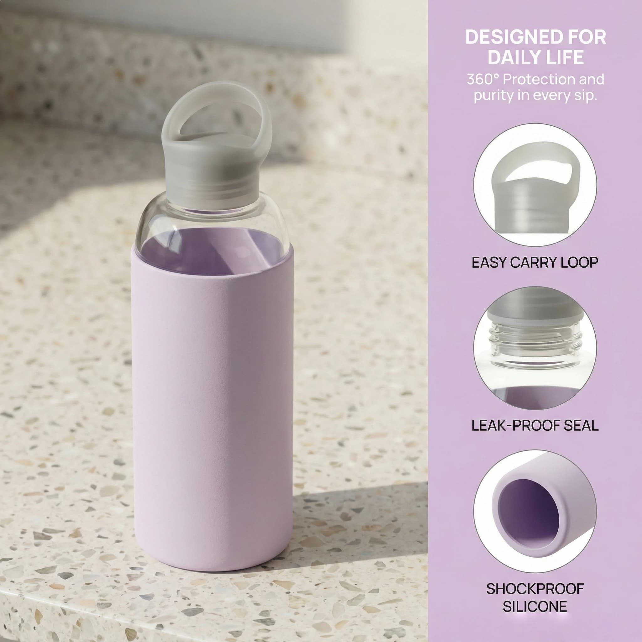 Close-up comparison of thick borosilicate glass bottle structure and safety details