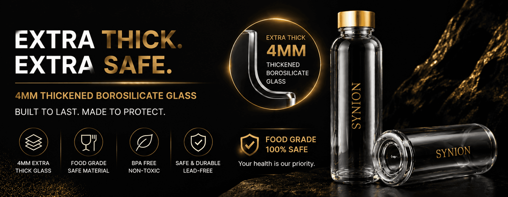 Extra thick 4mm borosilicate glass bottle safety banner